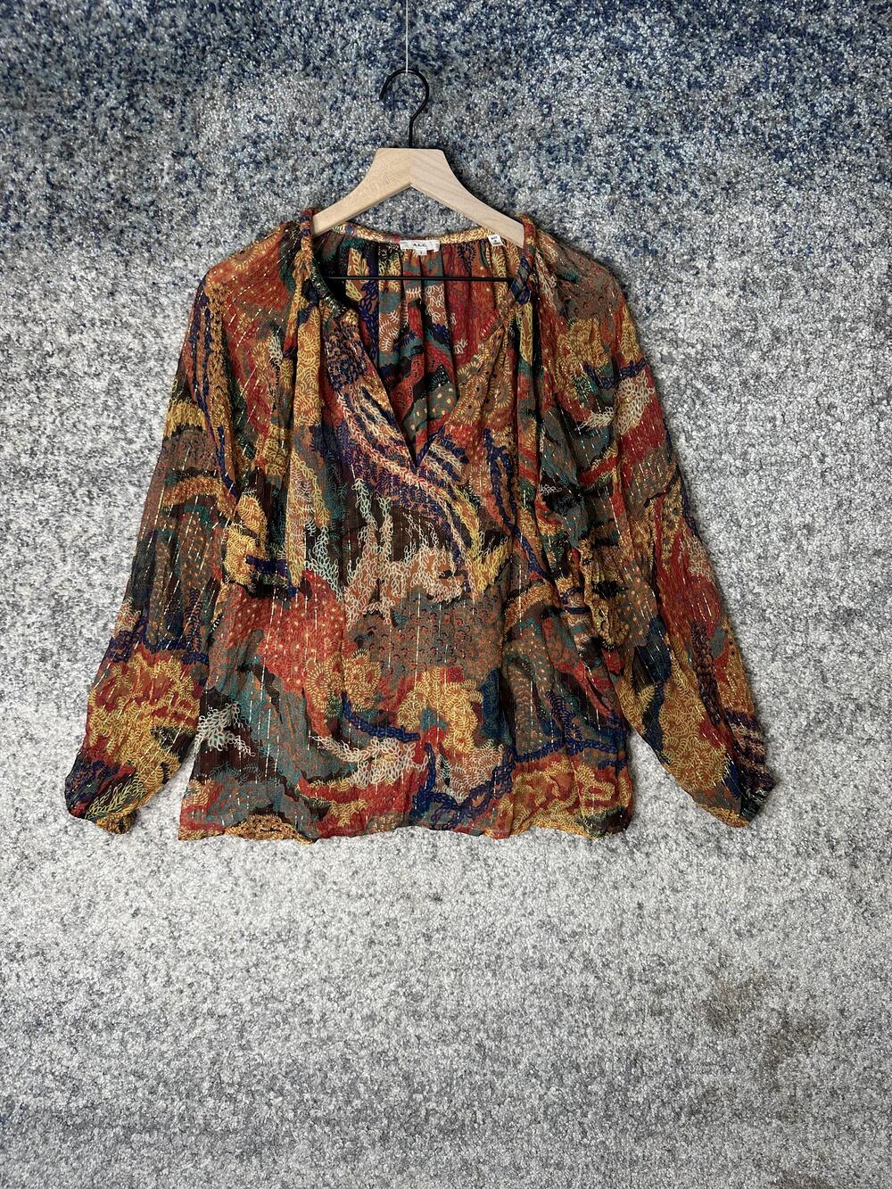 A.L.C. Blouse Womens 2 Multicolor Metallic Sheer Boho Peasant Top Silk Blend
